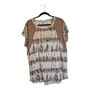 7th Ray Mixed Print Tie-Dye Top – Estimated XL – Boho- Brown Tan Cream
